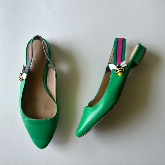 Talbots Green Edison Nappa Slingback Point Toe Leather Bee Charm Flats - Picture 2 of 13